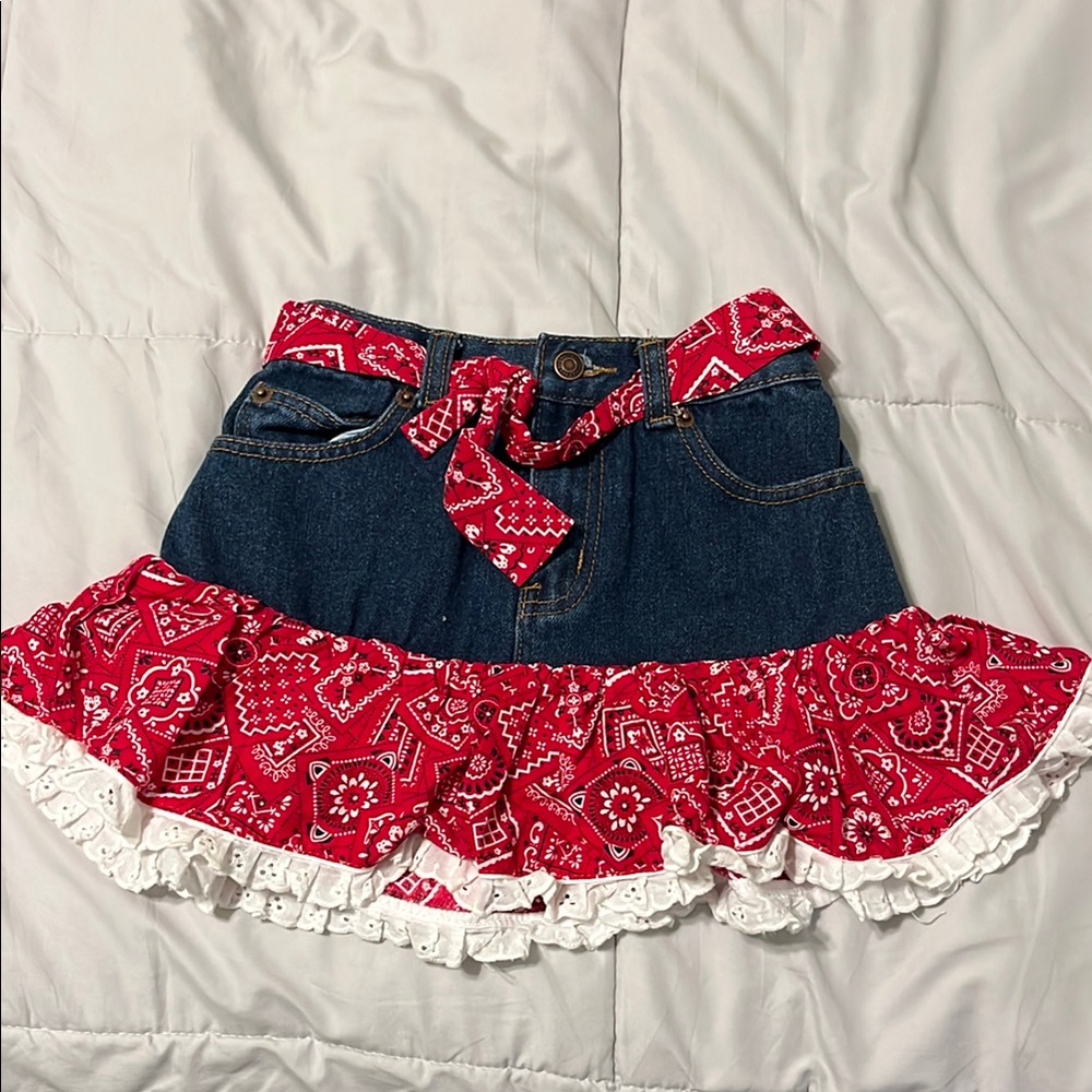 Red Bandana Denim Skirt with Ruffle Hem
